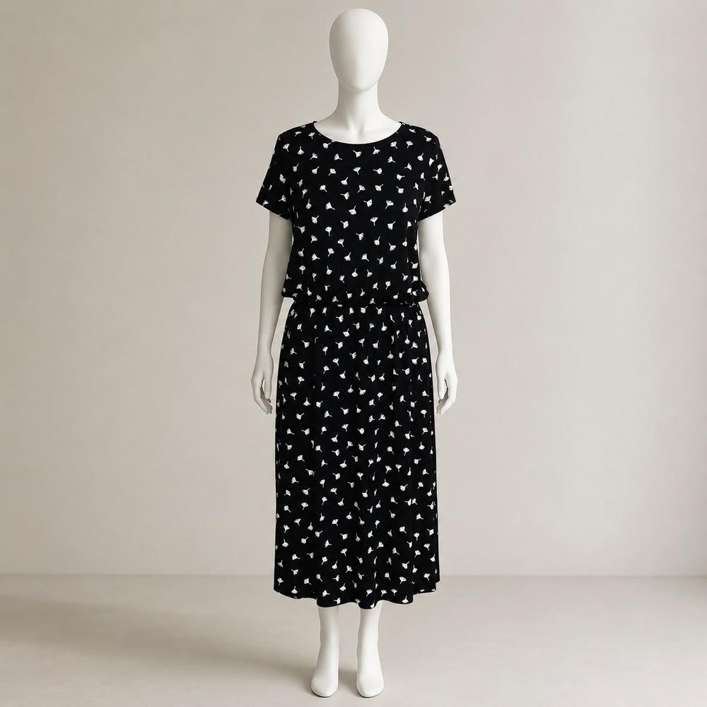 J. Jill Wearever Midi Dress Women M Black White Ginkgo Leaf Print‎ Smocked Waist